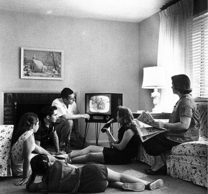 A family watching television together in a photograph dated 1958 by Evert F. Baumgardner - National Archives and Records Administration