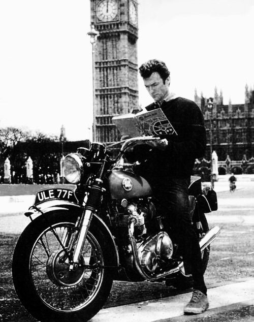 Clint Eastwood touring London on his motorcycle during the making of 'Where Eagles Dare', 1968.