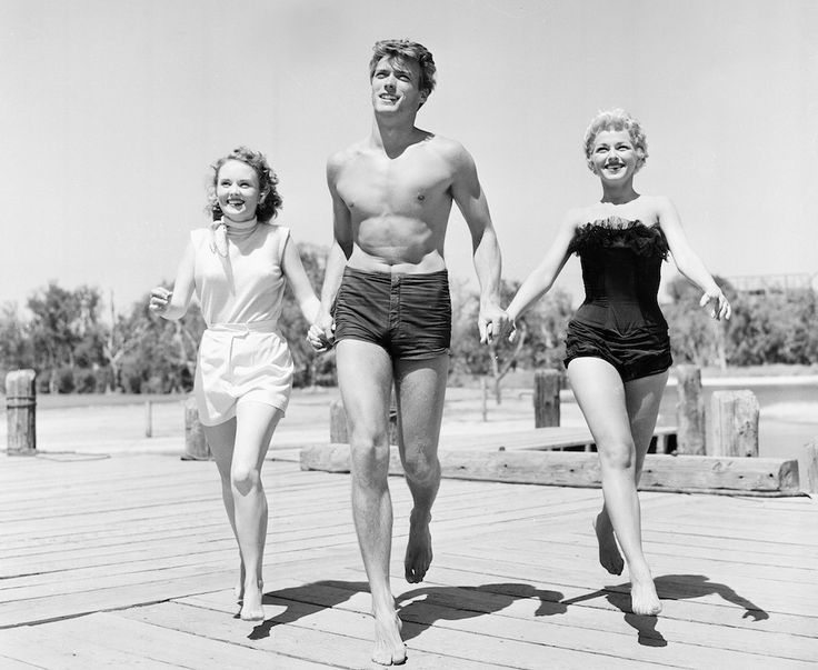 Clint Eastwood with actresses Olive Sturgess and Dani Crayne in San Francisco, 1954