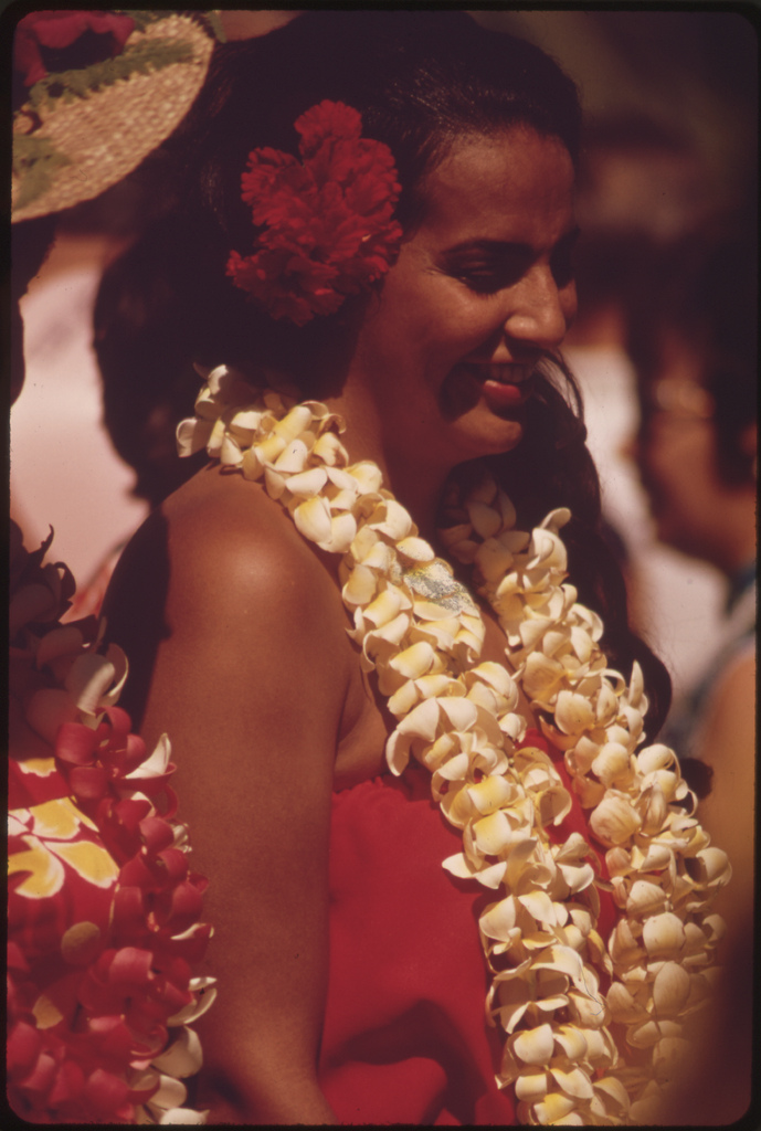 Hawaiians ready to demonstrate hula dance to Waikiki Beach tourists, October 1973 1