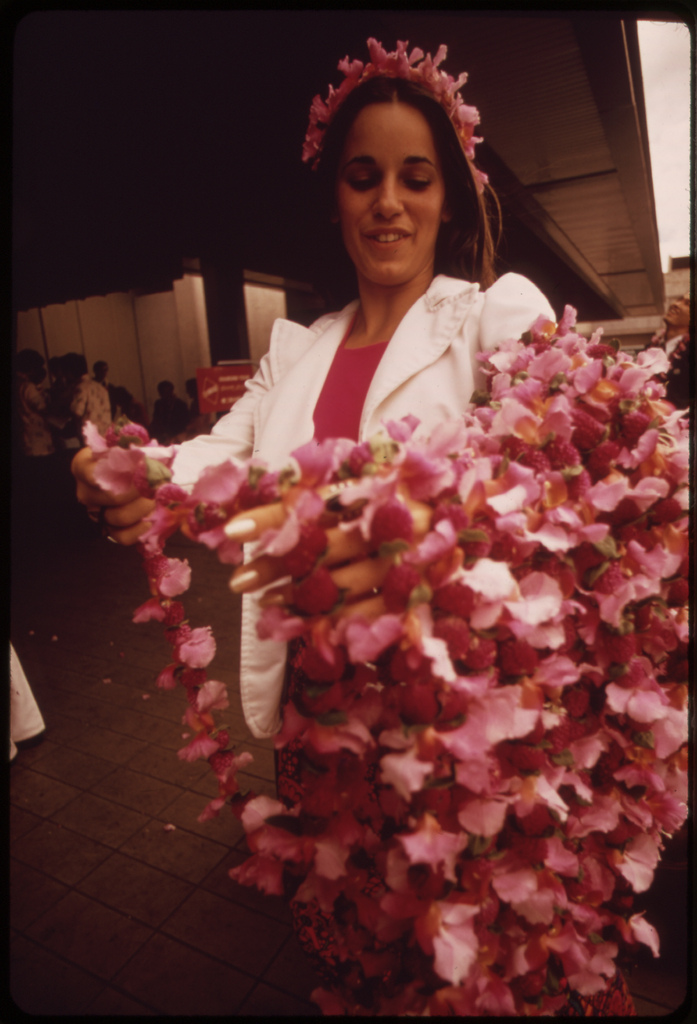 Honolulu International Airport handles almost all of the island's visitors. Some 2.7 million are anticipated in 1973. Tour group greeter has welcoming leis ready, October 1973