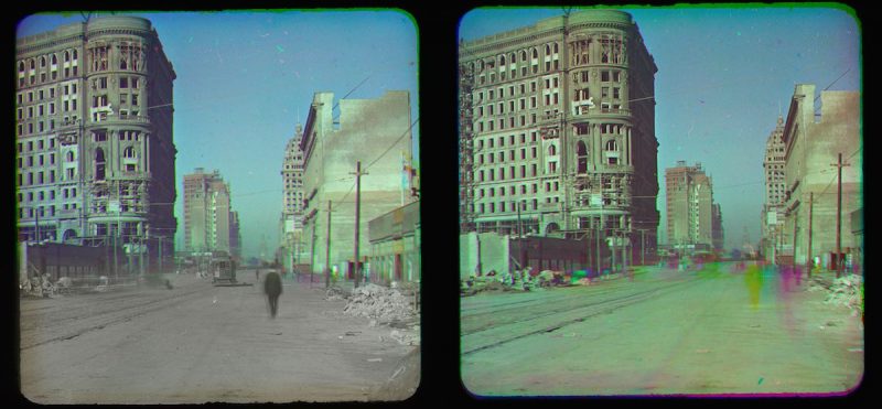 •6437.045 G.H. Holt, Market St. Flood Bldg., Oct. 1906, kromogram of street-level view of earthquake-damaged San Francisco. Photographic History Collection This stereo view includes an added layer on the left showing part of theoriginal Black and White separation with the image of a man walking and a trolley car. On the right you can see the effect of movement in this color process registering as color streaks.