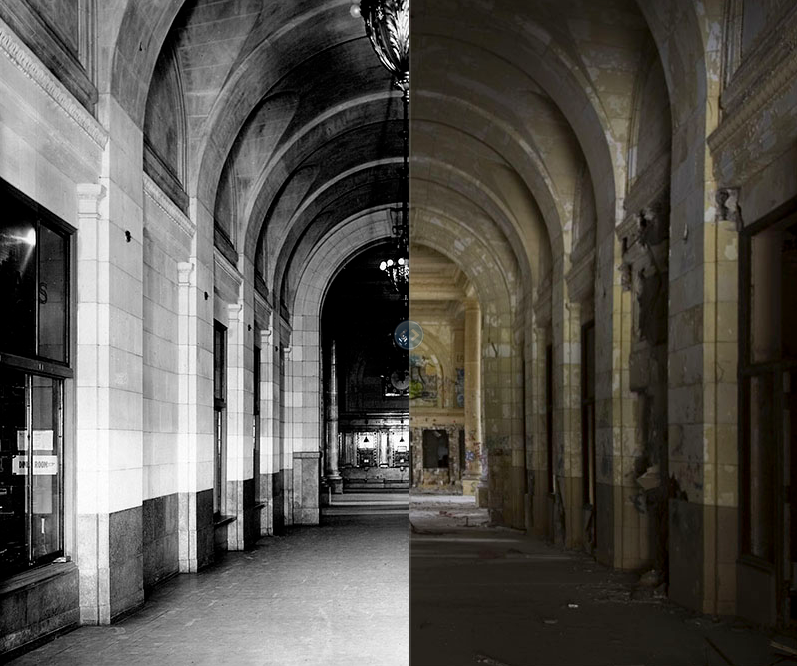 Michigan Central Station, 1975 and 2008.