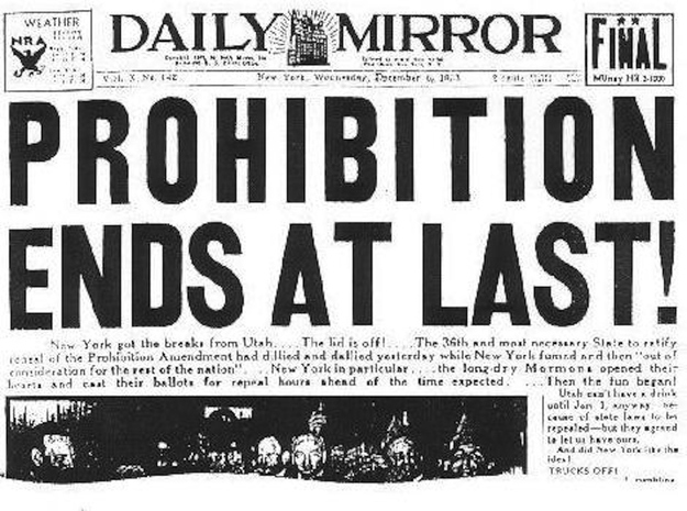 On December 5th, 1933 the 21st Amendment was ratified and Prohibition ended. This day is known as Repeal Day