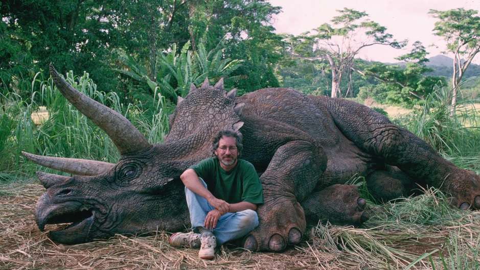 Steven Spielberg Poses with His Jurassic Park Triceratops