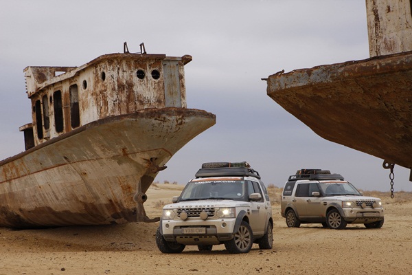 Wheels not propellers are needed now to navigate the Aral Sea, long abandoned and rusting boats a common sight. The expedition aims to raise £1 million for the IFRC's water sanitation project in Uganda.