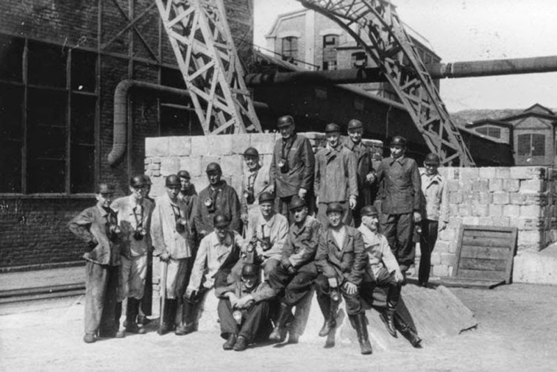 A large group of SS officers visit a coal mine near Auschwitz.