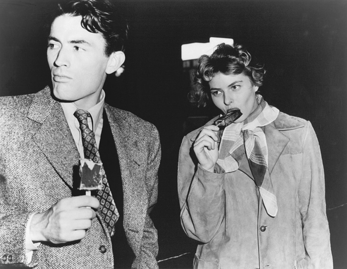 On the set of Spellbound in Hollywood with Gregory Peck during a break in shooting, 1944.