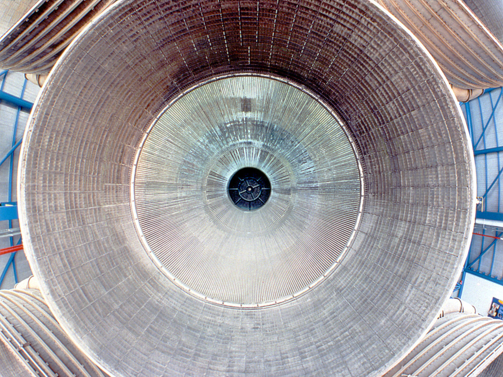 Saturn V F1 Center Engine  Saturn V Center Kennedy Space Center, FL 1997 In 1997, I was asked to photograph the newly opened Saturn V Center, including access to a high-lift for vantage points like this view of the center Saturn V F1 engine.