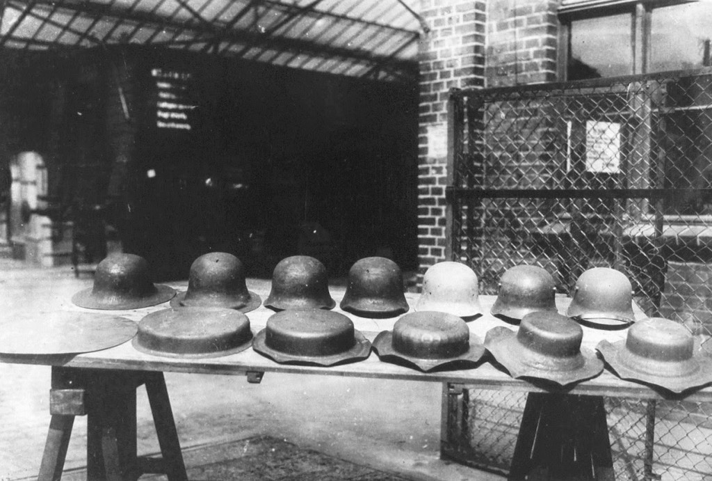 Stahlhelm, the stages of the helmet-making process of Stahlhelms for the Imperial German Army, 1916