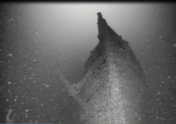 This August 2015 photo taken from video provided by Roger Pawlowski , shows the bow of the sunken ship Bay State in Lake Ontario near Fair Haven, N.Y. The wreck site of one of the earliest propeller-driven steamships to sail the Great Lakes has been found more than 150 years after it sank in a storm, killing everyone on board, a team of New York-based shipwreck hunters said Tuesday. (Roger Pawlowski via AP)