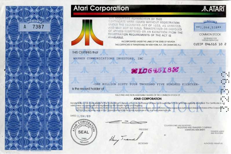 atari-corporation-issued-to-warner-communications-investors-inc-for-1-064-518-shares-in-atari-acquisition-1989-3