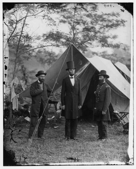 Allan Pinkerton, President Lincoln, and Maj. Gen. John A. McClernand; another view. Photograph from the main eastern theater of the war, Battle of Antietam, September-October 1862. Date Created/Published: 1862 October 3. Rights Advisory: No known restrictions on publication.