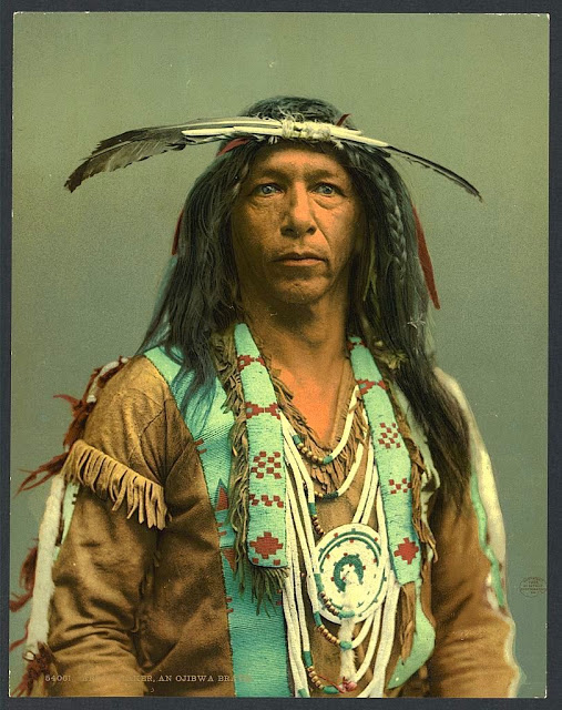 Arrowmaker, an Ojibwe man. 1903. Photochrom print by the Detroit Photographic Co. Source - Library of Congress.