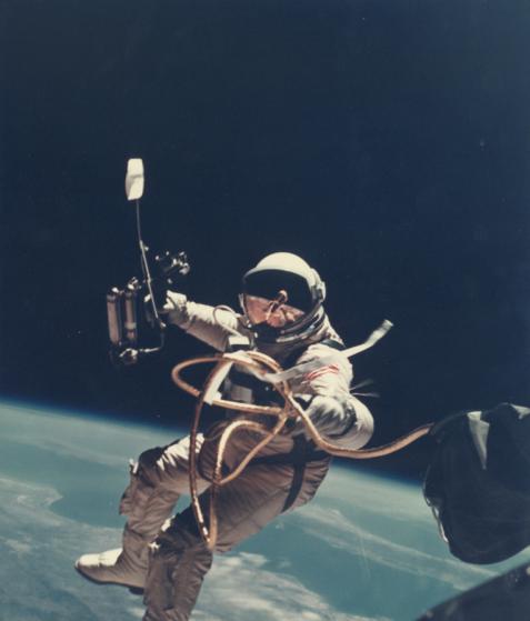 Astronaut Ed White during the first American spacewalk on Gemini 4 in 1965. Photo © Bloomsbury Auctions