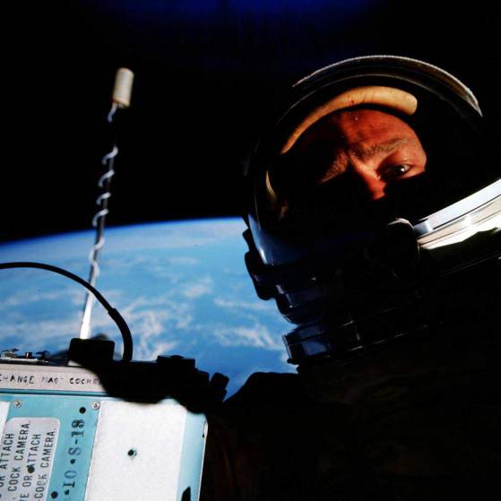 Gemini 12 astronaut Buzz Aldrin snaps a picture of himself during a spacewalk in November 1966. Credit: NASA