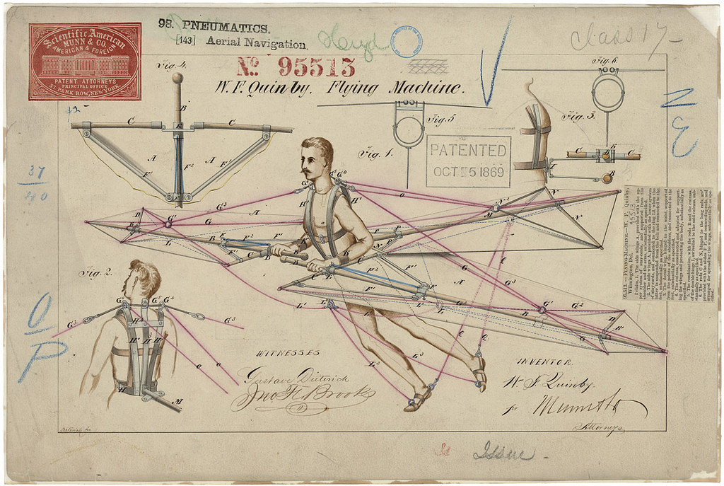  Flying machine patent drawing by W.F. Quinby 10/5/1869