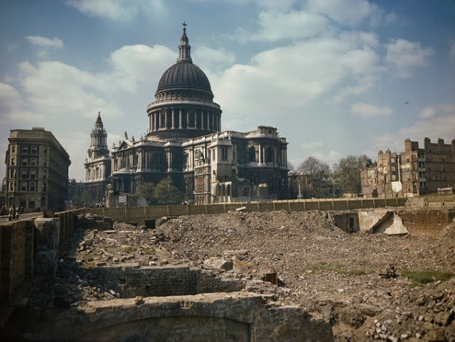 The bomb damaged areas around St Paul's Cathedral.