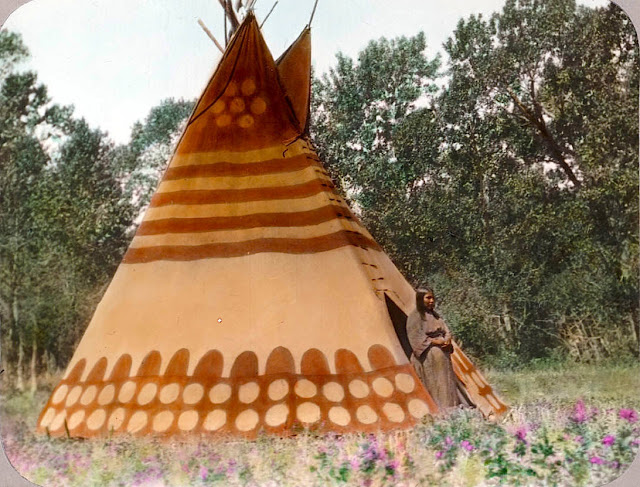 Thunder Tipi of Brings-Down-The-Sun. Blackfoot camp. Early 1900s. Glass lantern slide by Walter McClintock. Source -Yale Collection of Western Americana, Beinecke Rare Book and Manuscript Library.