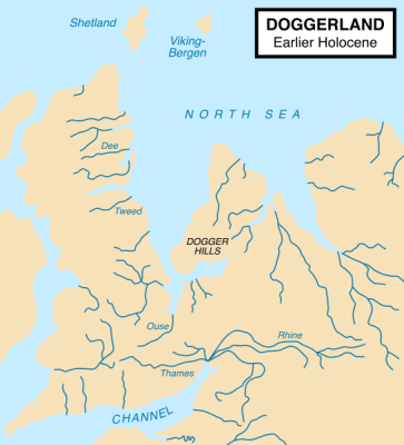 Map showing hypothetical extent of Doggerland (c. 8,000 BC), which provided a land bridge between Great Britain and continental Europe. source