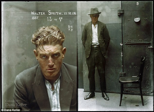 Burglar Walter Smith, photographed in a cell at Central Police Station on December 15, 1924 after he was charged with breaking and entering the dwelling-house of Edward Mulligan and stealing blinds at value 20 pounds (part recovered), and with stealing clothing, value 26 pounds (recovered) in the dwelling house of Ernest Leslie Mortimer. Smith was sentenced to six months hard labour 