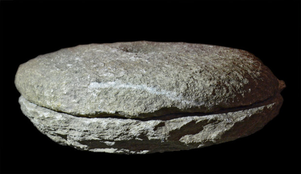 Pair of a rotary hand quern made from mica-rich gneiss found at Sørbø, c. 550 AD. Both the upper and lower stones are rather slim, diameter 46-47 cm. Archaeological Museum,Source: Archaeological Museum, University of Stavanger, item no. S11891. Photo by Per Storemyr