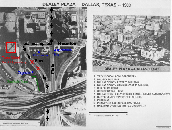 An aerial view of Dealey Plaza showing the route of President Kennedy’s motorcade