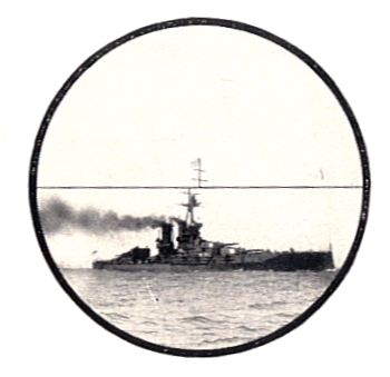 Eyepiece image of a naval rangefinder, image halves not yet adjusted for range. The target's masts are especially useful for rangefinding, so Kerr proposed disrupting these with white bands