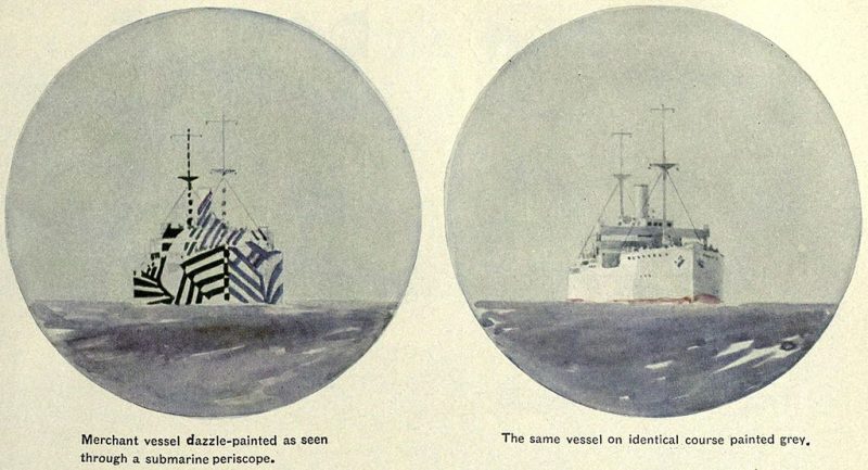 Now this demonstrates it perfectly - Claimed effectiveness: Artist's conception of a U-boat commander's periscope view of a merchant ship in dazzle camouflage (left) and the same ship uncamouflaged (right), Encyclopædia Britannica, 1922. The conspicuous markings obscure the ship's heading.