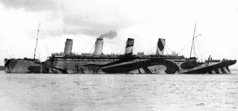 HMT Olympic, RMS Titanic's sister ship, in dazzle camouflage while in service as a World War I troopship, from September 1915 