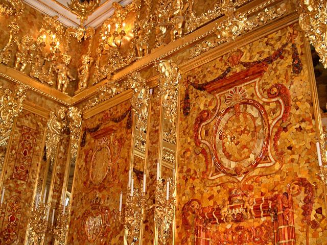 Corner section of the reconstructed Amber Room.Source