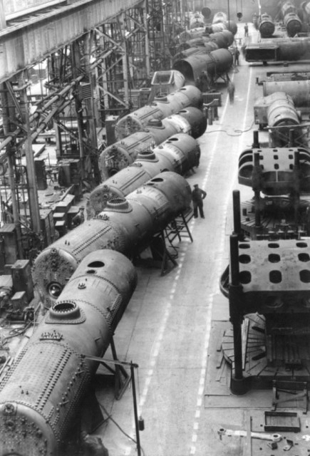 View of locomotives being repaired in 12 Shop.