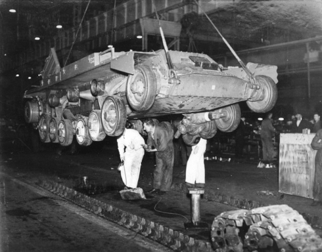Valentine Tank being lowered on to its track in the Tank Shop.