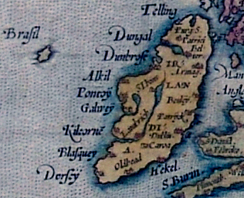 Brasil as shown in relation to Ireland on a map by Abraham Ortelius. source