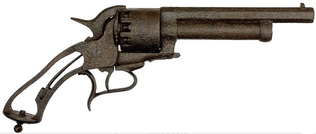 Cliff Young’s notes indicate that this LeMat revolver relic was purportedly unearthed near the banks of the Harpeth River, near Franklin, Tennessee, site of the Battle of Franklin in 1864.