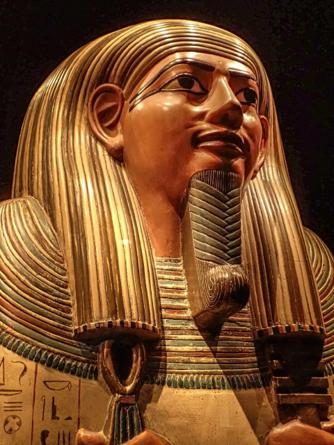 Closeup portrait of the Egyptian sarcophagus prop from Raiders of the Lost Ark.
