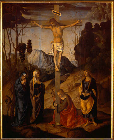 Crucifixion of Jesus by Marco Palmezzano (Uffizi, Florence), painting c. 1490 Source