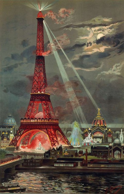 Illumination of the tower at night during the exposition.Source