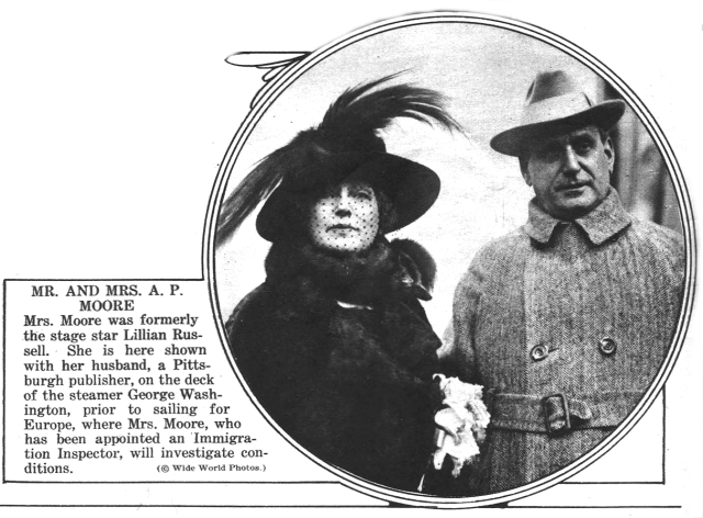 Lillian Russell Moore and her fourth husband, Alexander Pollock Moore, just before she set out on her fact-finding mission to Europe in 1922 Source