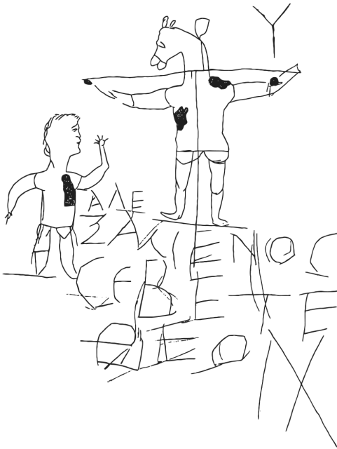The earliest image of the crucifixion is 2nd Century graffiti called the Alexamenos Graffito Source