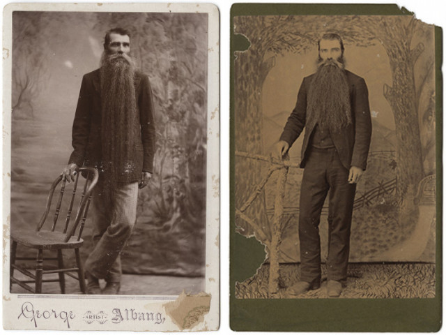Two photographs of the same unknown man, each taken at a different studio in Texas. source