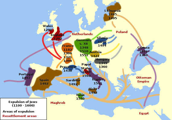 map showing the expulsion of Jews in Europe.Source