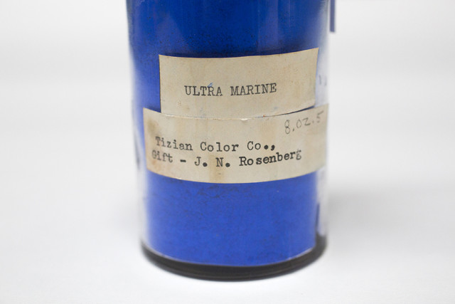 A specimen labeled Ultra Marine is pictured from the pigment collection of the Straus Center for Conservation and Technical Studies housed inside the Harvard Art Museums at Harvard University. Stephanie Mitchell/Harvard Staff Photographer