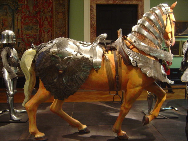 A set of armour with a criniere (protecting neck), peytral (protecting chest) and the croupiere (protecting hind quarters). Kunsthistorisches Museum, Vienna, Austria. Source