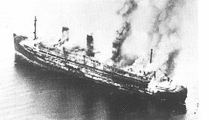 Cap Arcona burning shortly after the attacks. Source