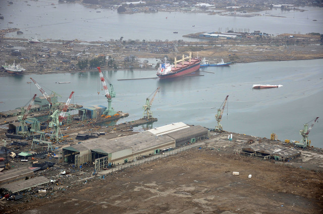 Ishinomaki port on 20 March 2011 showing heavy damage to ships and port facilities caused by the 11 March 2011 tsunami.Source