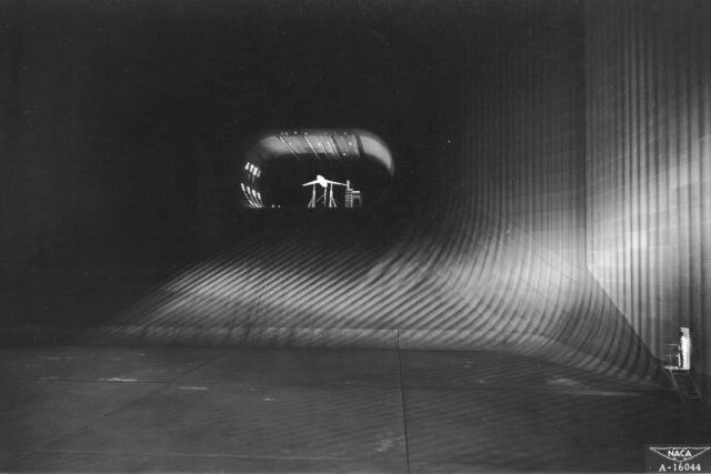 The 40 x 80-foot wind tunnel at Ames Aeronautical Laboratory, Moffett Field, California. At the time of its construction it was the largest wind tunnel in the world.