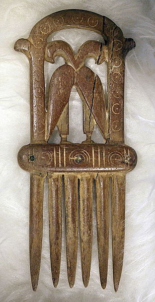 Bone comb with bird figures from the Carolingian period (750-900) found in the river Scheldt, now in the archeological museum of Hamme, Belgium. Source.Source