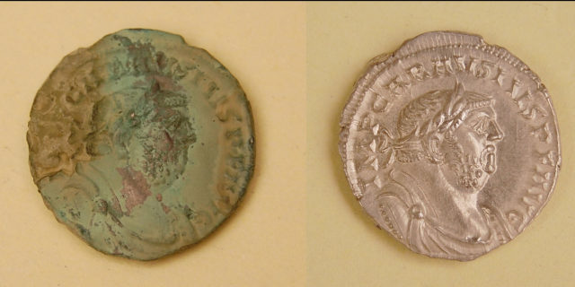 Carausius obverse before and after cleaning Added from Flickr stream. Source