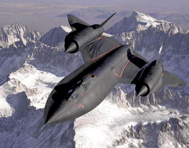 Dryden's SR-71B Blackbird, NASA 831, slices across the snow-covered southern Sierra Nevada Mountains of California after being refueled by an Air Force tanker during a 1994 flight. Source